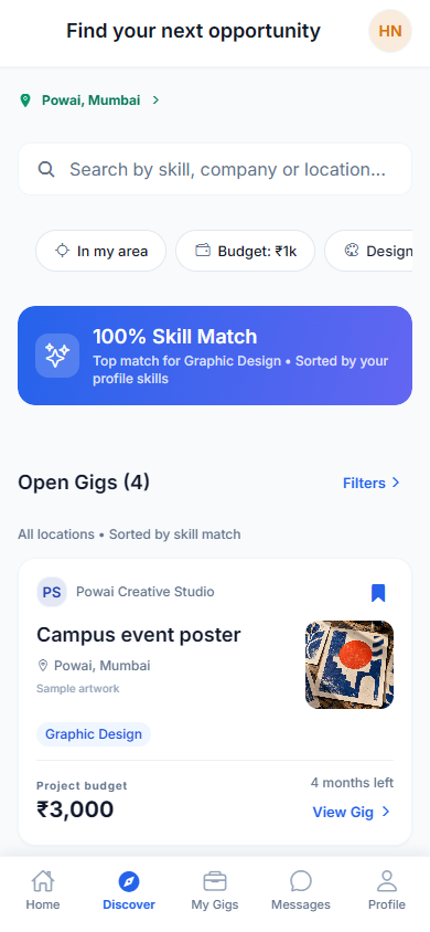 Discover screen in YuvaConnect with sample gigs