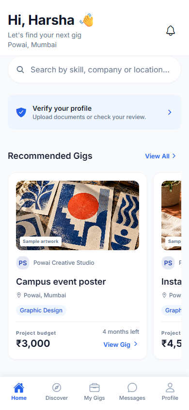 YuvaConnect home screen showing recommended gigs with project artwork
