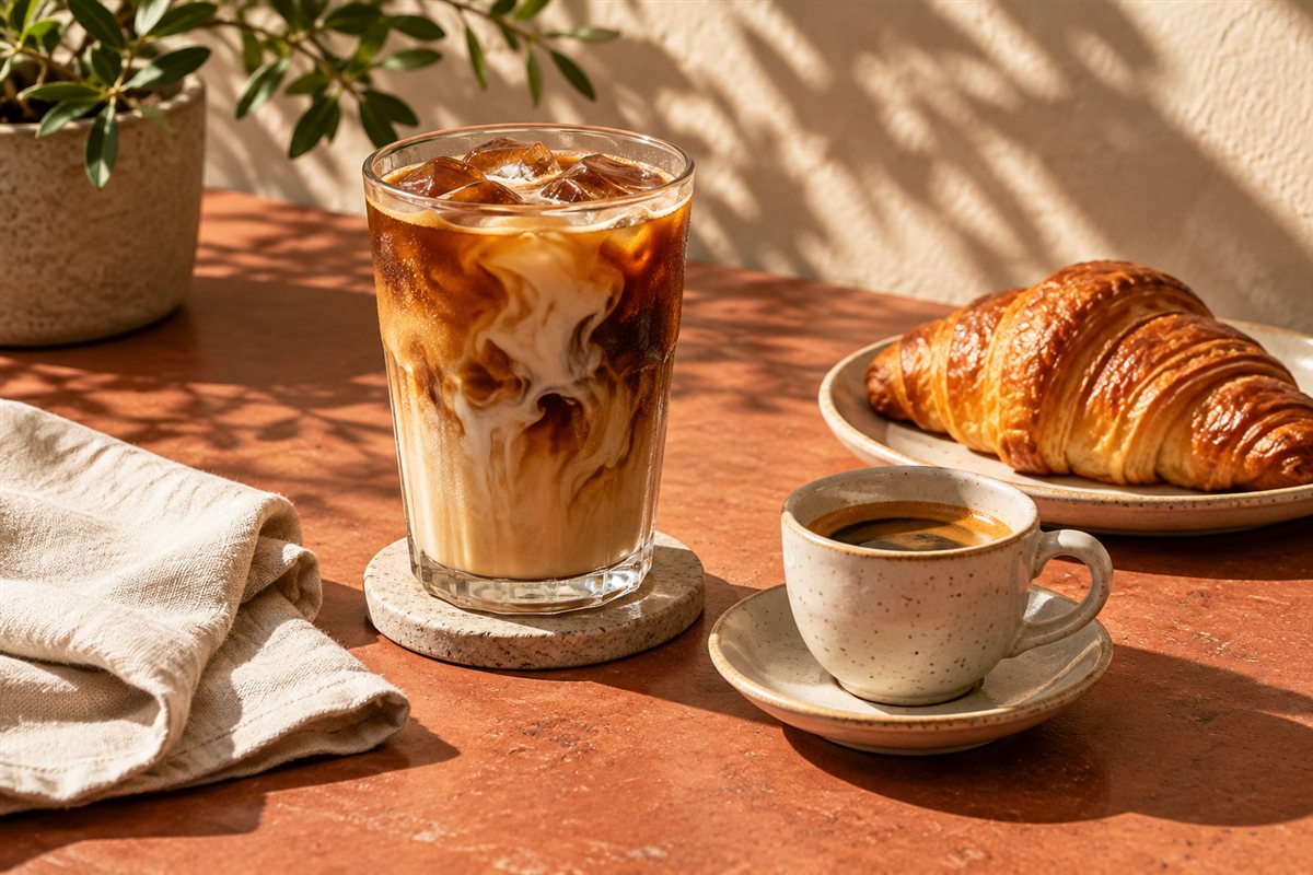 Café photography with coffee and pastries