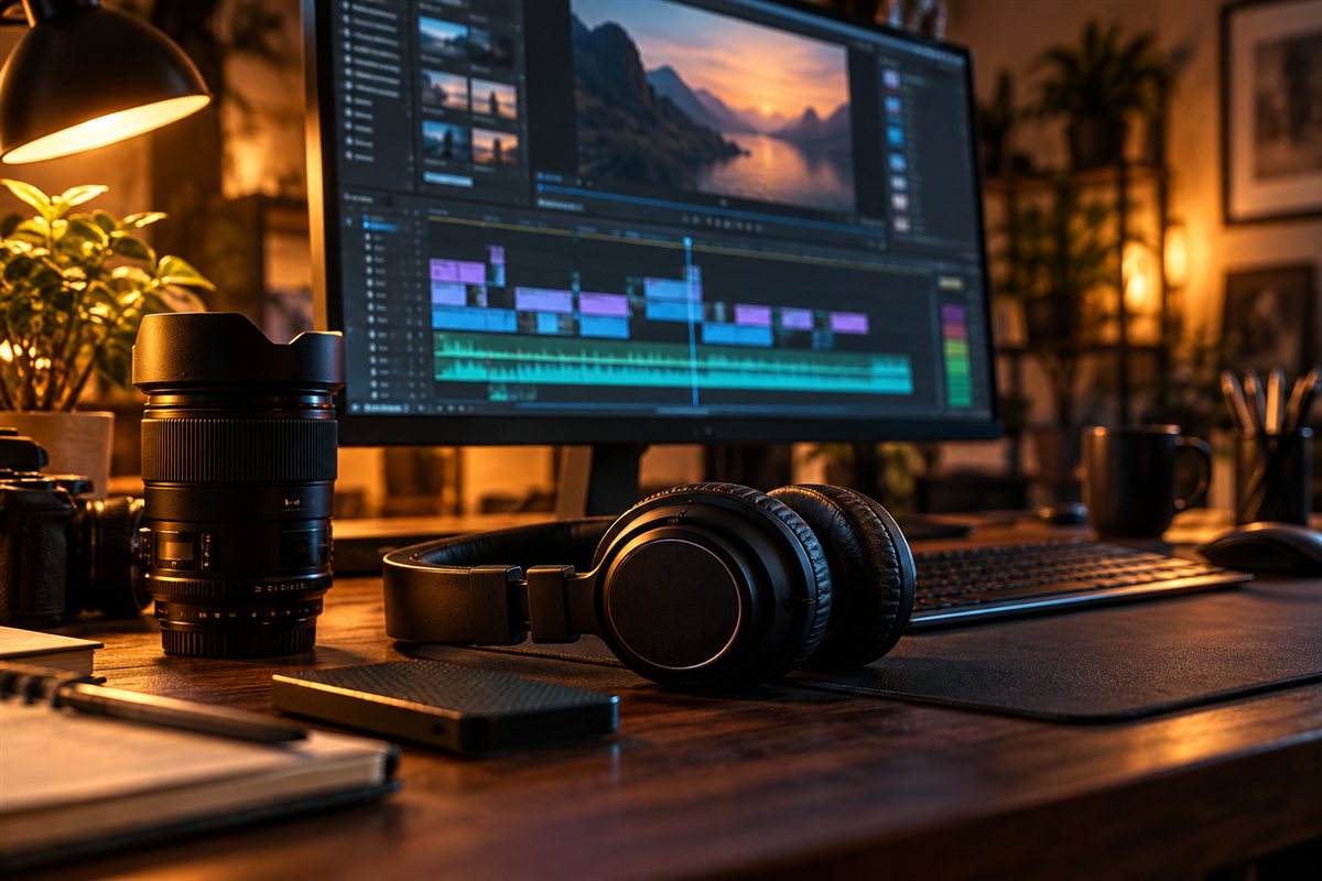 Video editing workstation with a colorful timeline